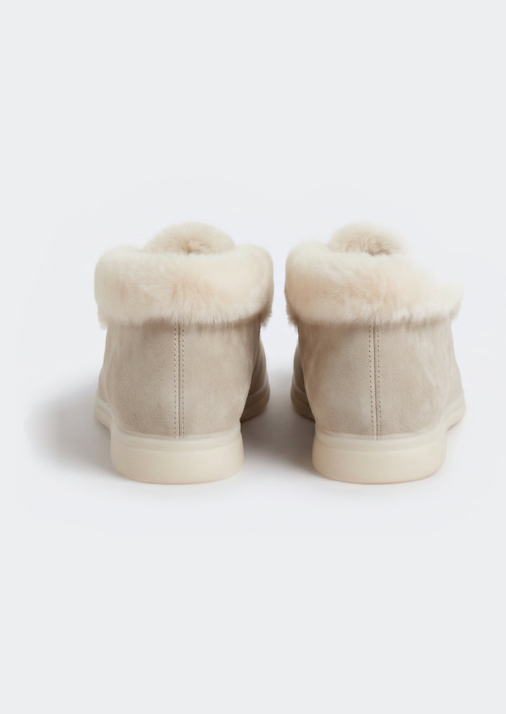 Courchevel Shearling Loafers - Stone, back view of the heels and shearling cuff