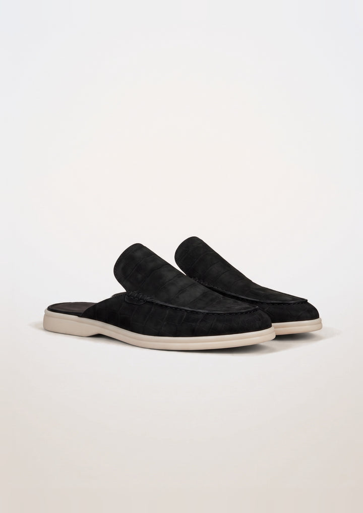 Porto Cervo Croc Mules in Black, pair on a light grey studio background