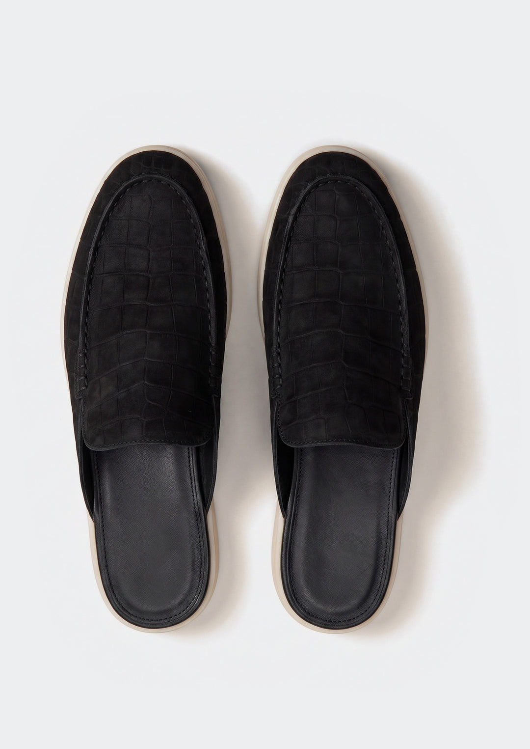 Porto Cervo Croc Mules - Black, top view showing the open backs and lining