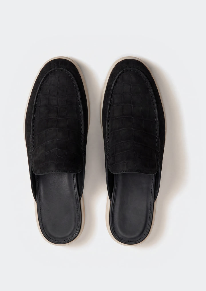 Porto Cervo Croc Mules - Black, top view showing the open backs and lining