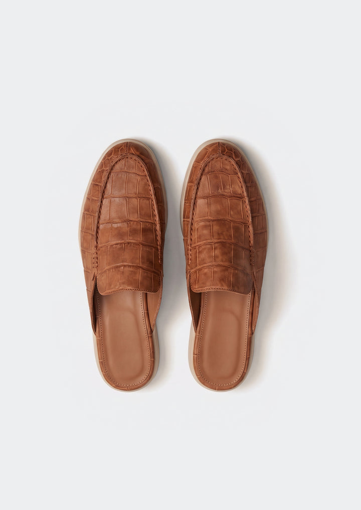 Porto Cervo Croc Mules - Brown, top view showing the open backs and lining