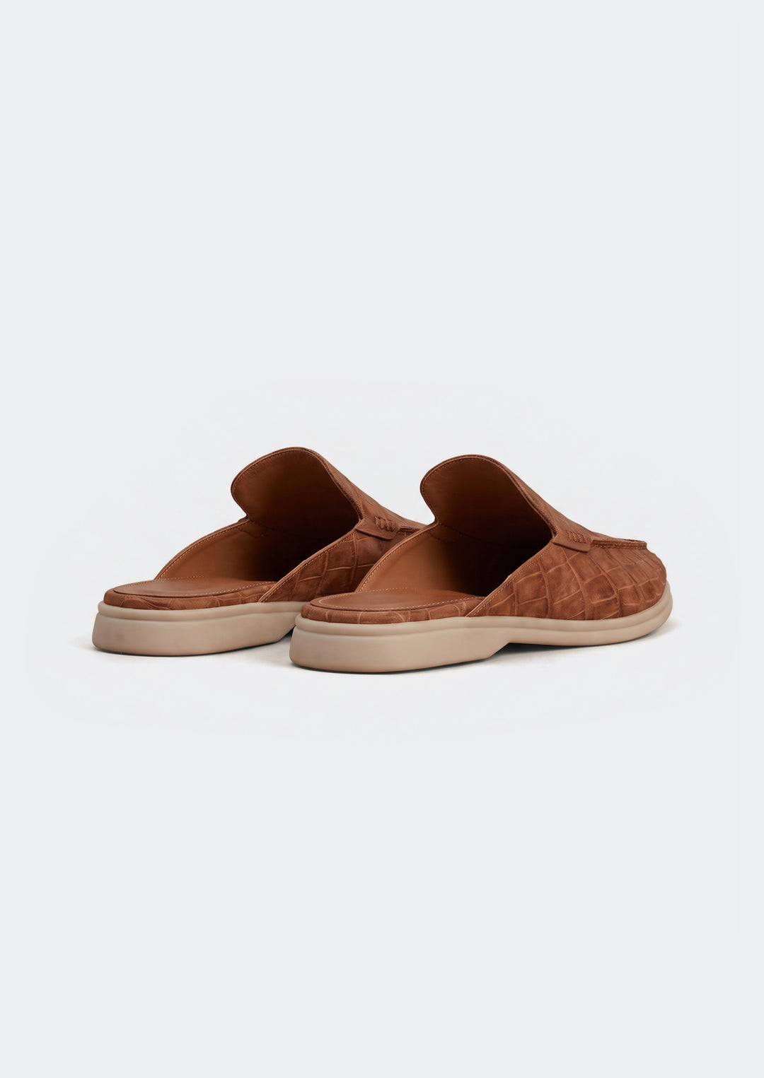 Porto Cervo Croc Mules - Brown, back view showing the open backs and lining