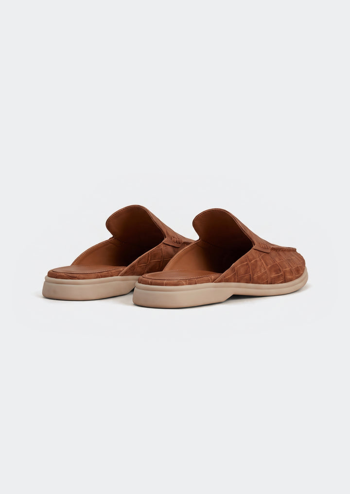 Porto Cervo Croc Mules - Brown, back view showing the open backs and lining