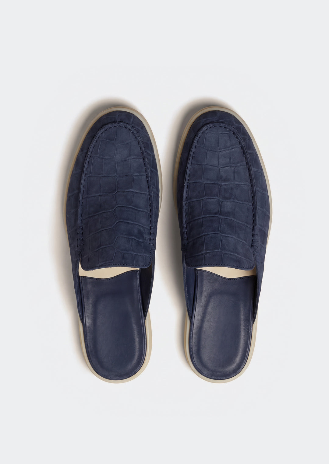 Porto Cervo Croc Mules - Navy, top view showing the open backs and lining