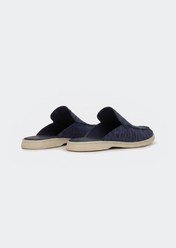 Porto Cervo Croc Mules - Navy, back view showing the open backs and lining