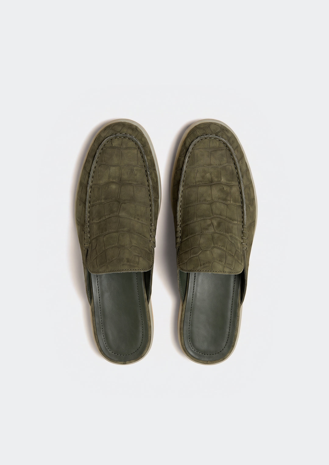 Porto Cervo Croc Mules - Olive, top view showing the open backs and lining