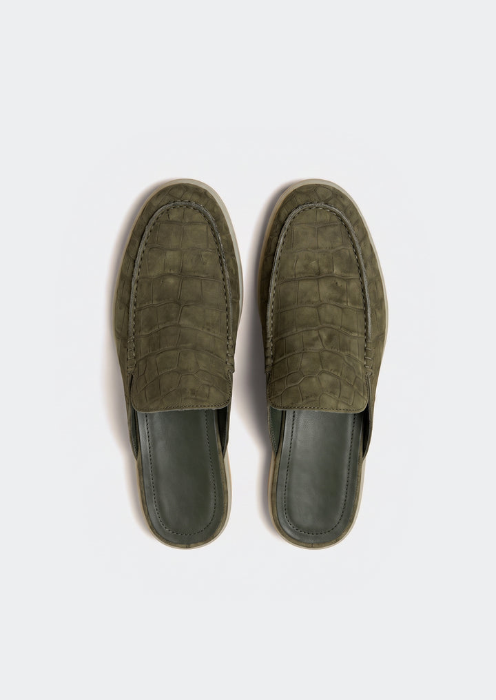 Porto Cervo Croc Mules - Olive, top view showing the open backs and lining
