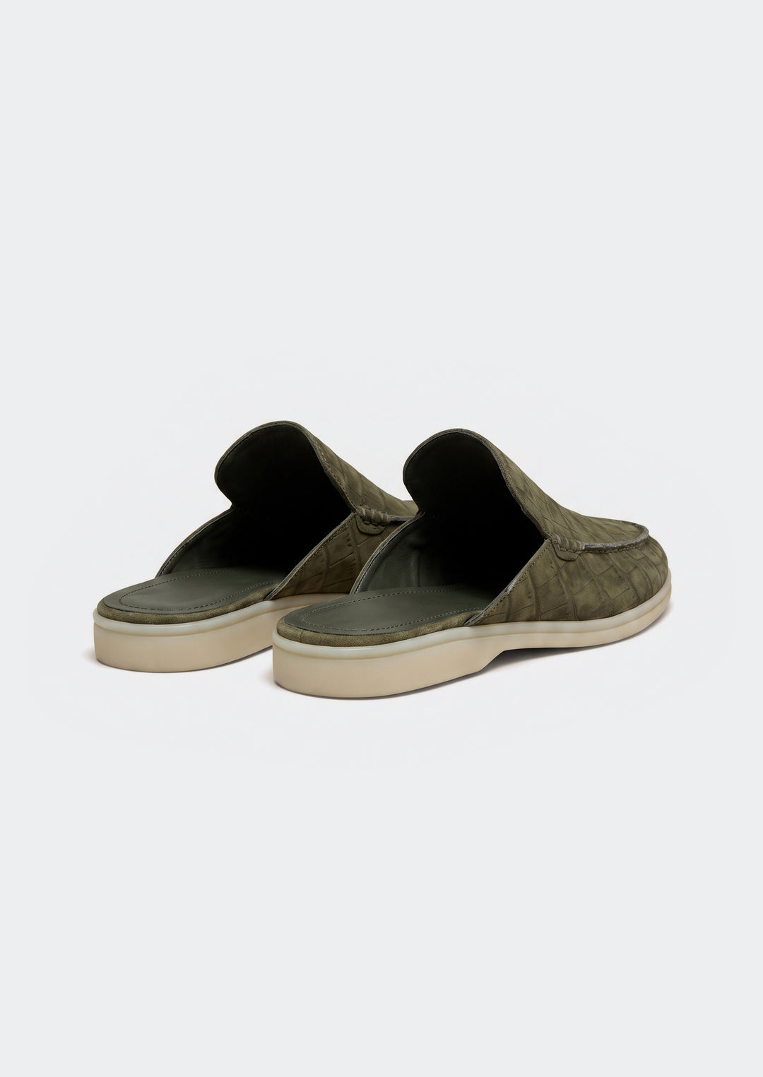 Porto Cervo Croc Mules - Olive, back view showing the open backs and lining