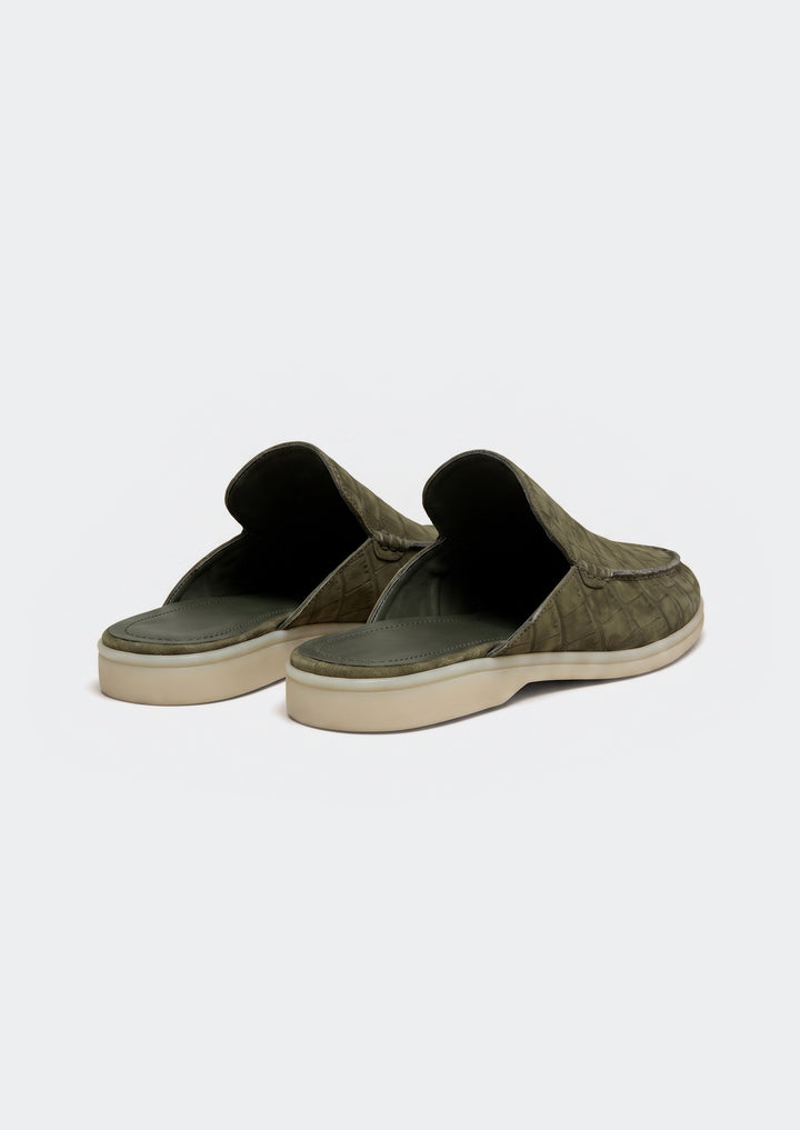 Porto Cervo Croc Mules - Olive, back view showing the open backs and lining