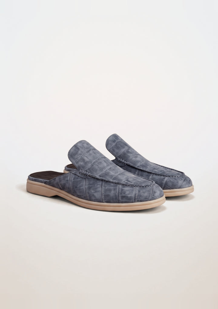 Porto Cervo Croc Mules in Slate, pair on a light grey studio background