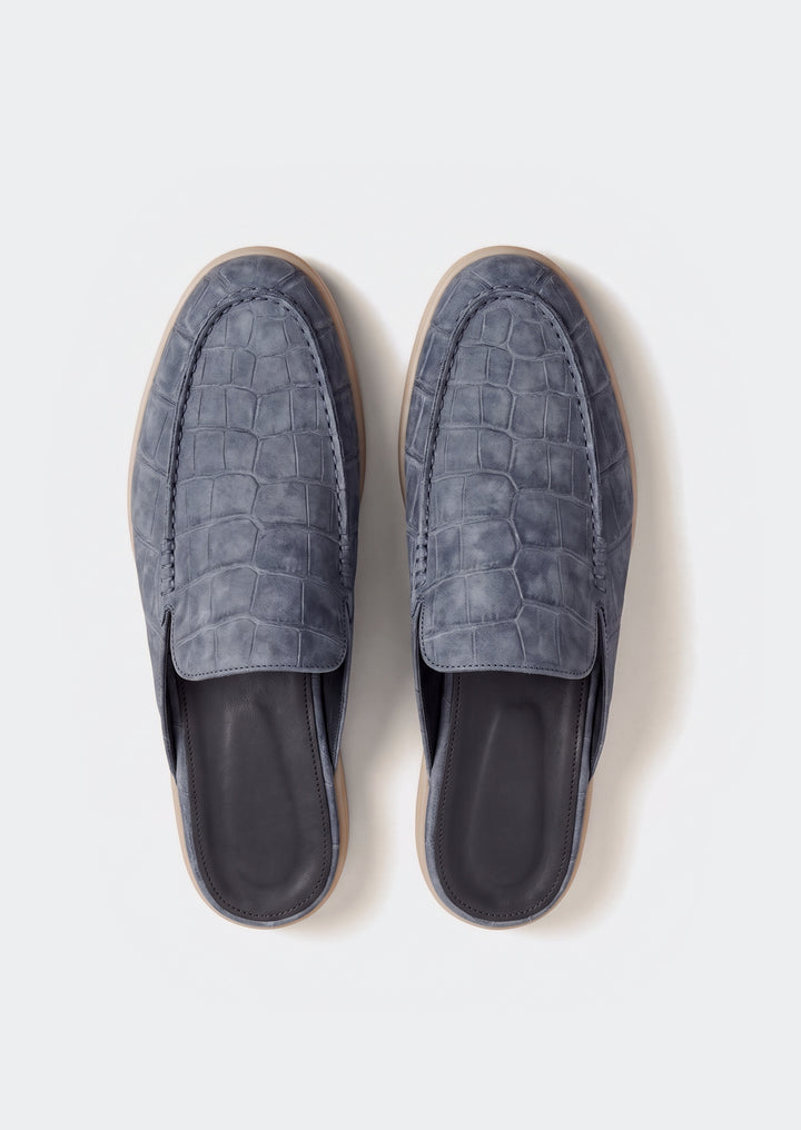 Porto Cervo Croc Mules - Slate, top view showing the open backs and lining