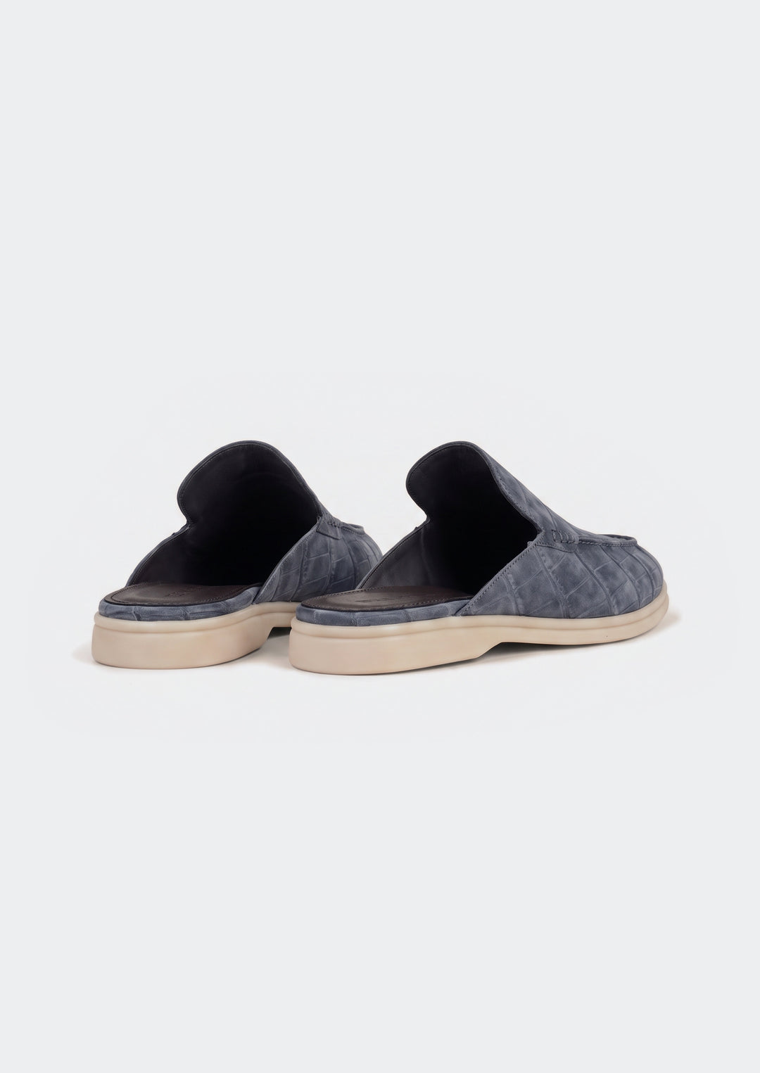 Porto Cervo Croc Mules - Slate, back view showing the open backs and lining