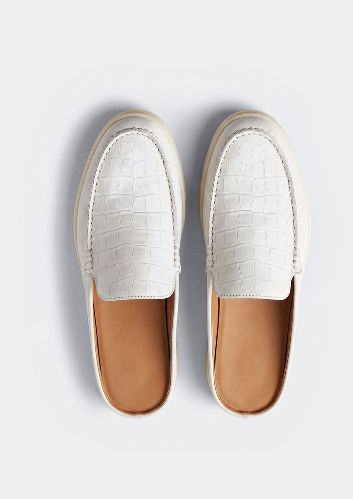 Porto Cervo Croc Mules - White, top view showing the open backs and lining