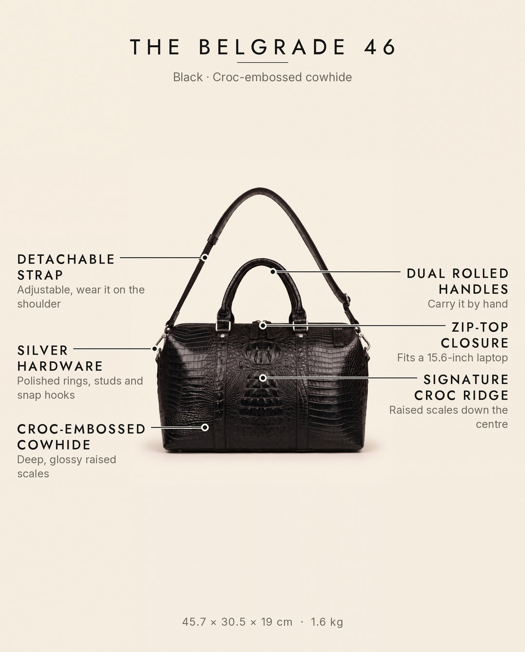The Belgrade 46 — Crocodile Travel Bag | Black