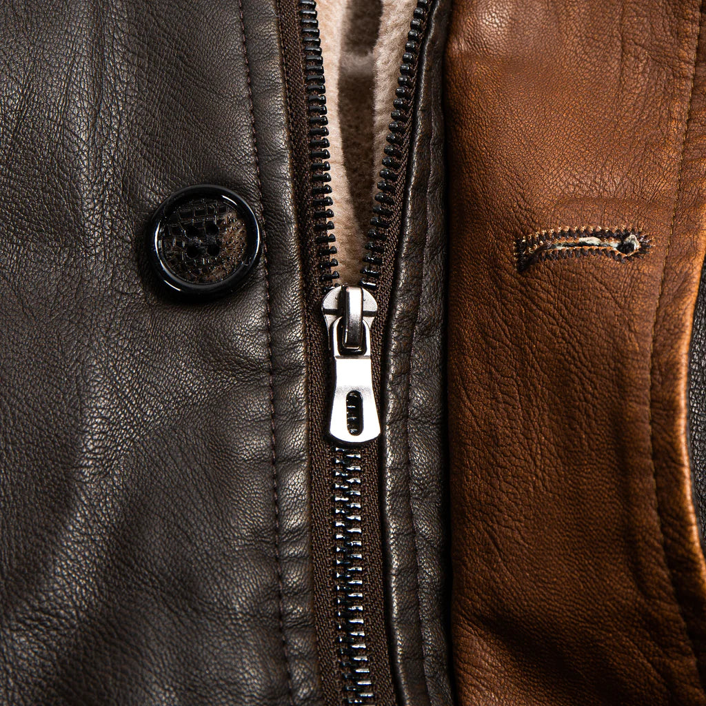 2024  Vintage Double Stand Collar Leather Coat