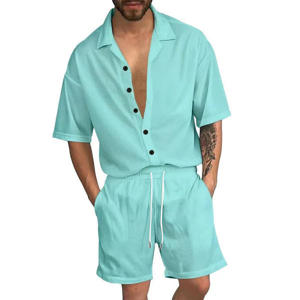 Casual Solid Color Lapel Short Sleeve Shirt Drawstring Shorts Set