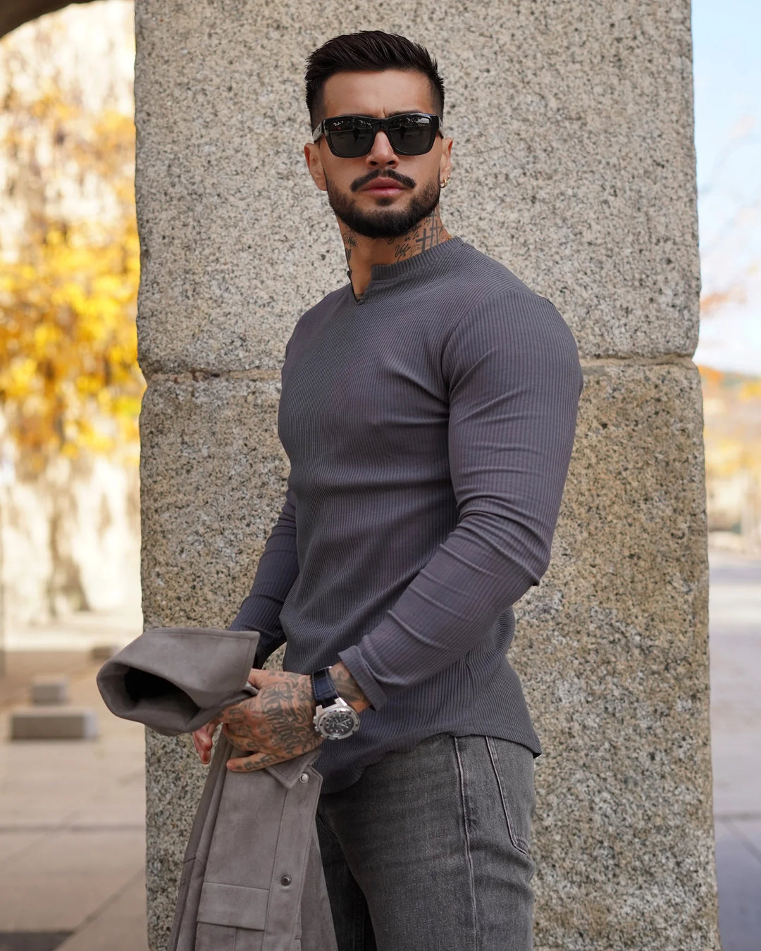 Muscle Fit V-Neck Long Sleeve Cotton Rib Knit Tech T-Shirt - DUVAL
