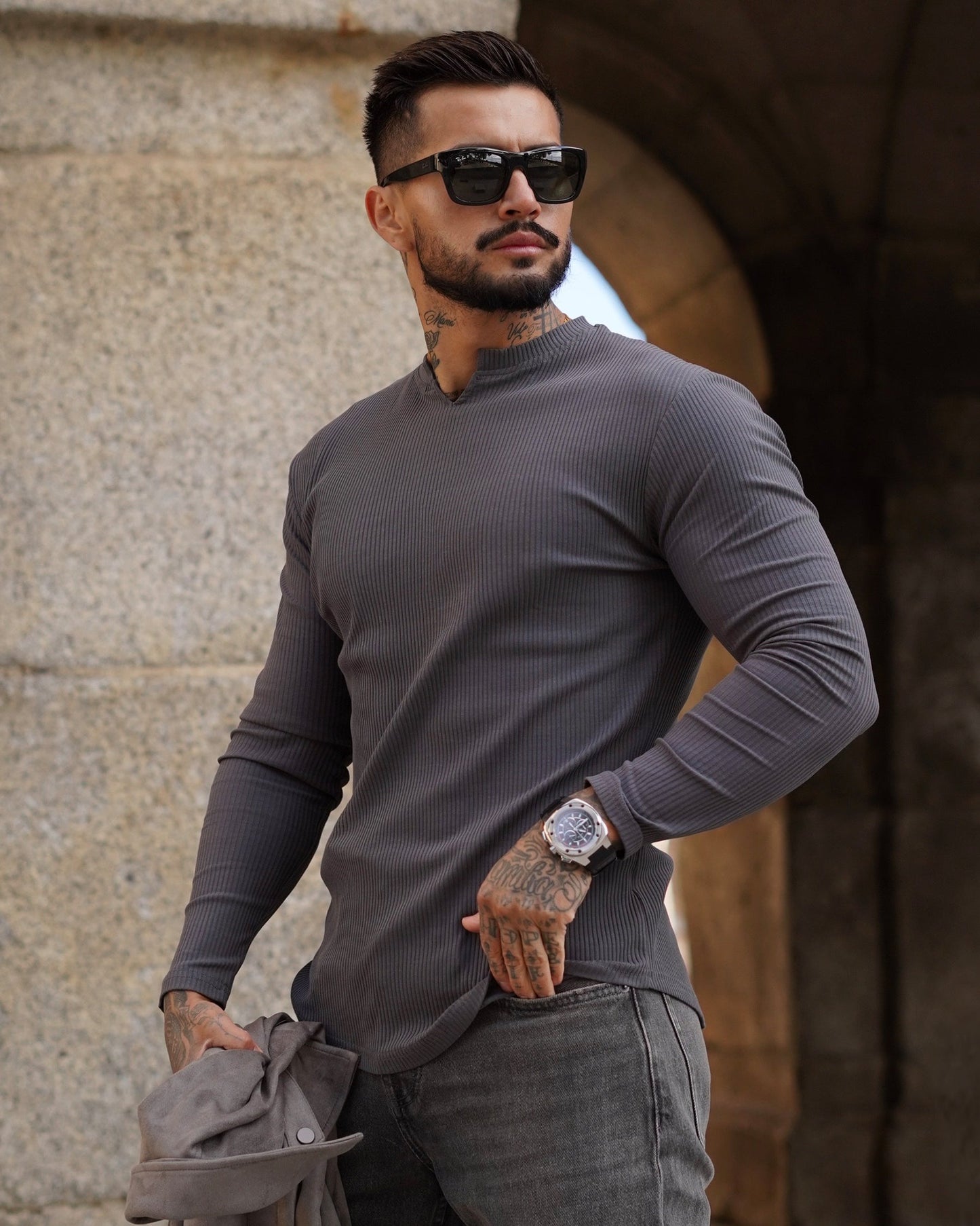 Muscle Fit V-Neck Long Sleeve Cotton Rib Knit Tech T-Shirt