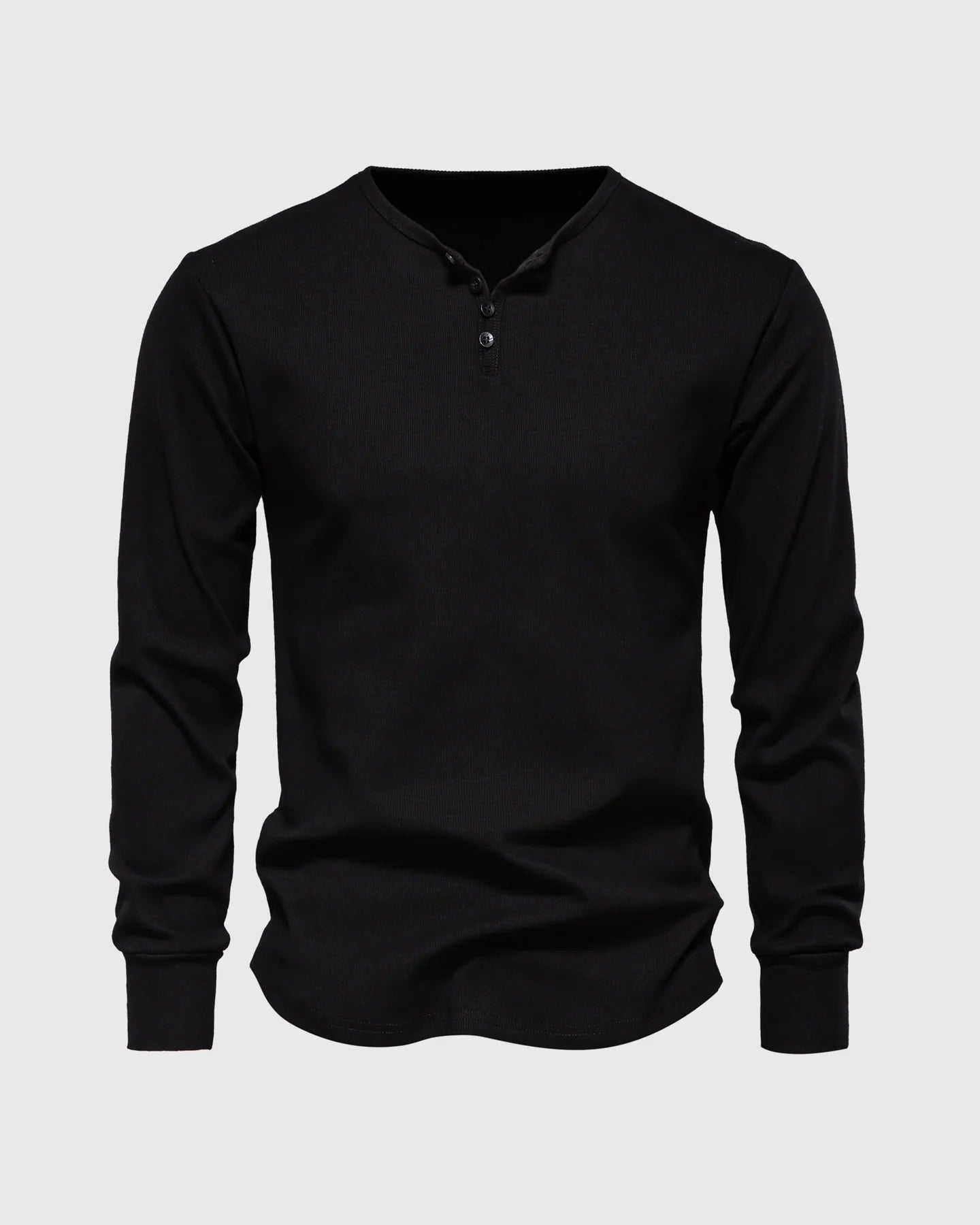 Rib Knit Curved Hem Stretch Long Sleeve Henley Shirt