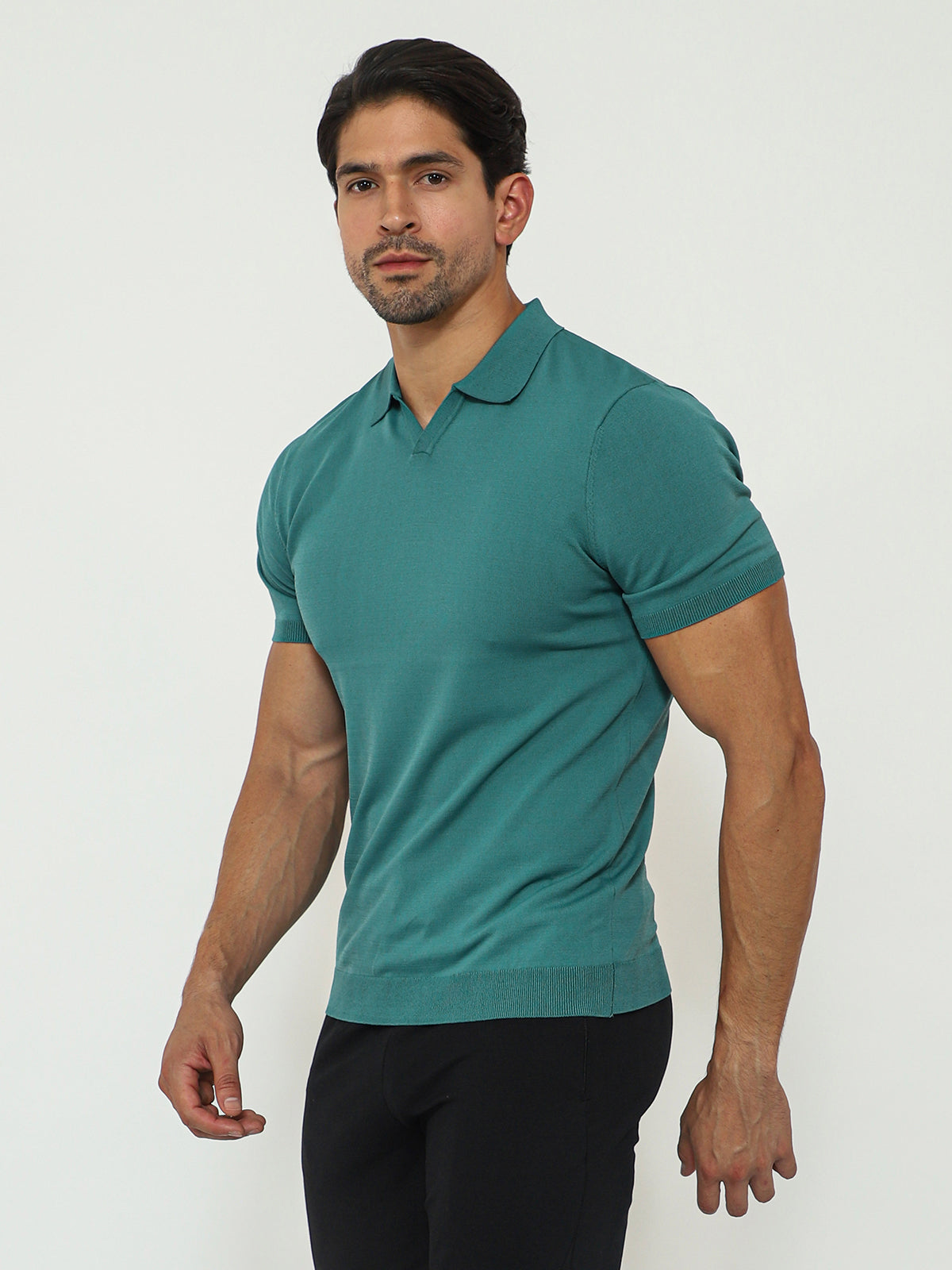 Open Collar Knit Polo Teal