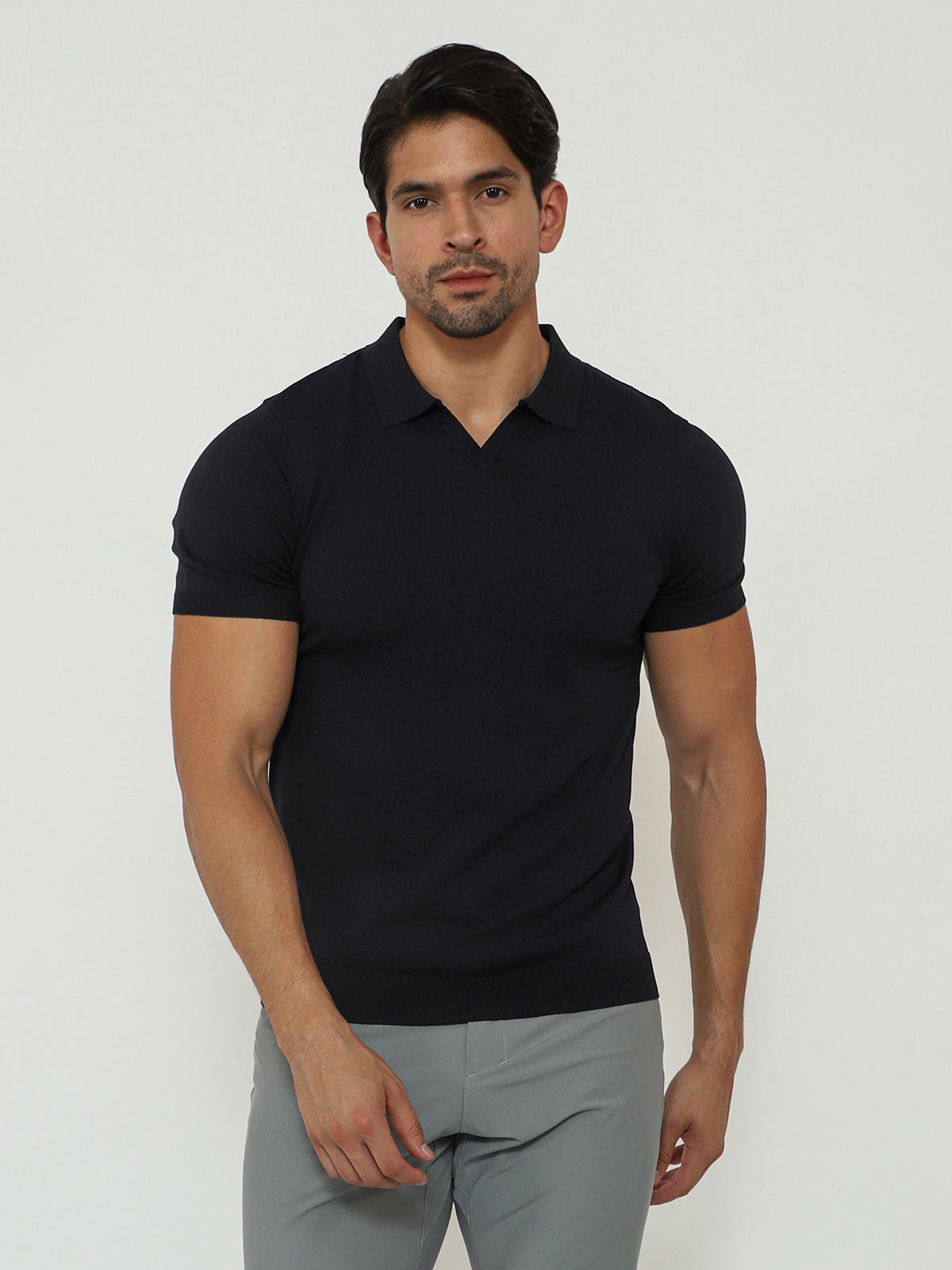 Open Collar Knit Polo Black