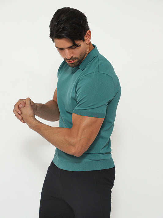 Open Collar Knit Polo Teal