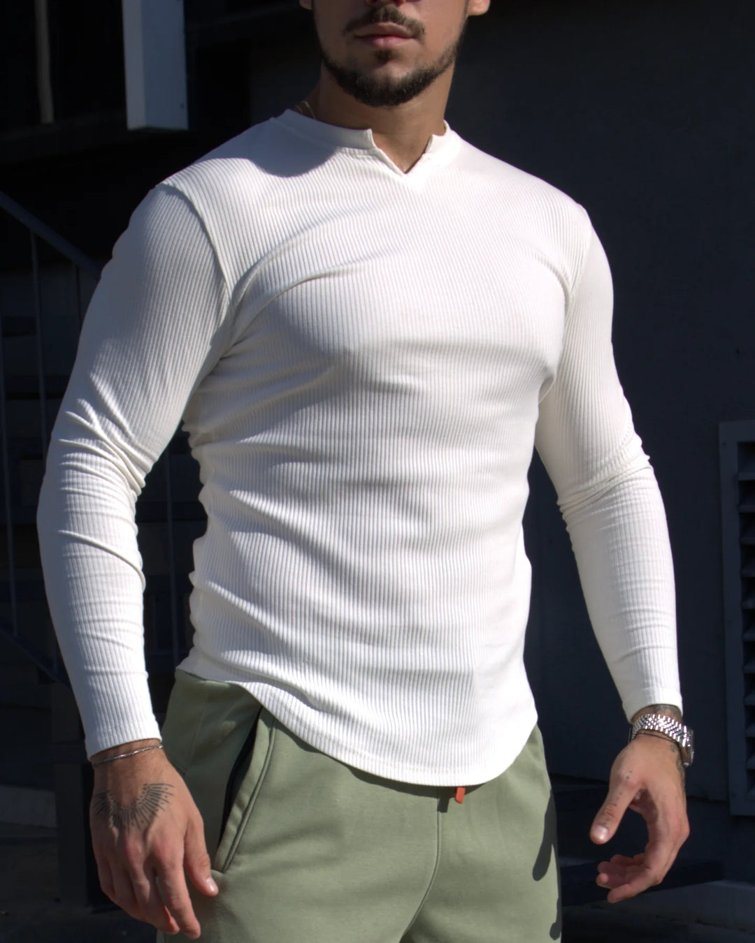 Muscle Fit V-Neck Long Sleeve Cotton Rib Knit Tech T-Shirt - DUVAL