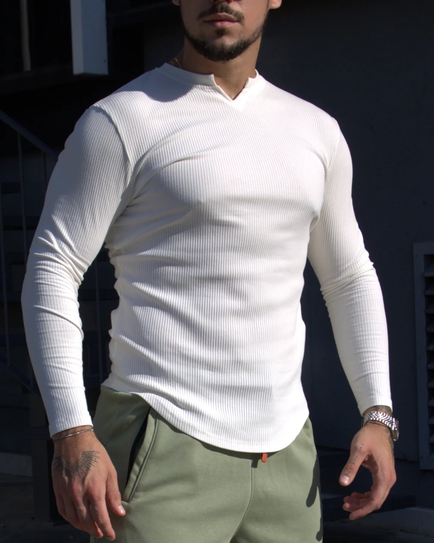 Muscle Fit V-Neck Long Sleeve Cotton Rib Knit Tech T-Shirt