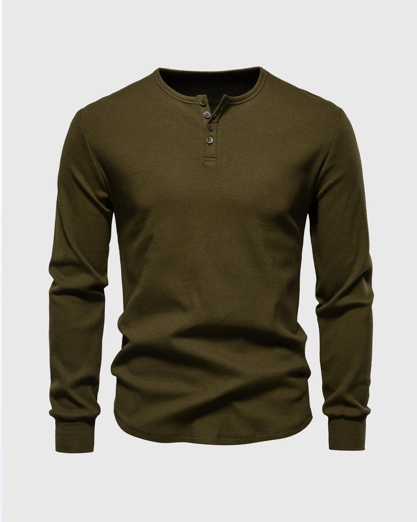 Rib Knit Curved Hem Stretch Long Sleeve Henley Shirt