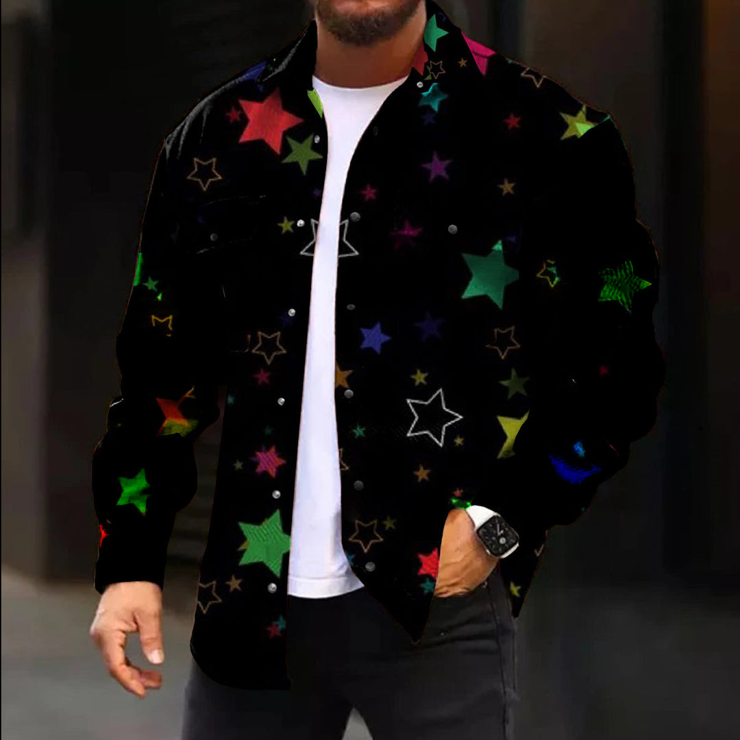 Casual Jacket Fashion Colorful Star Print Long Sleeve Pocket Jacket - DUVAL