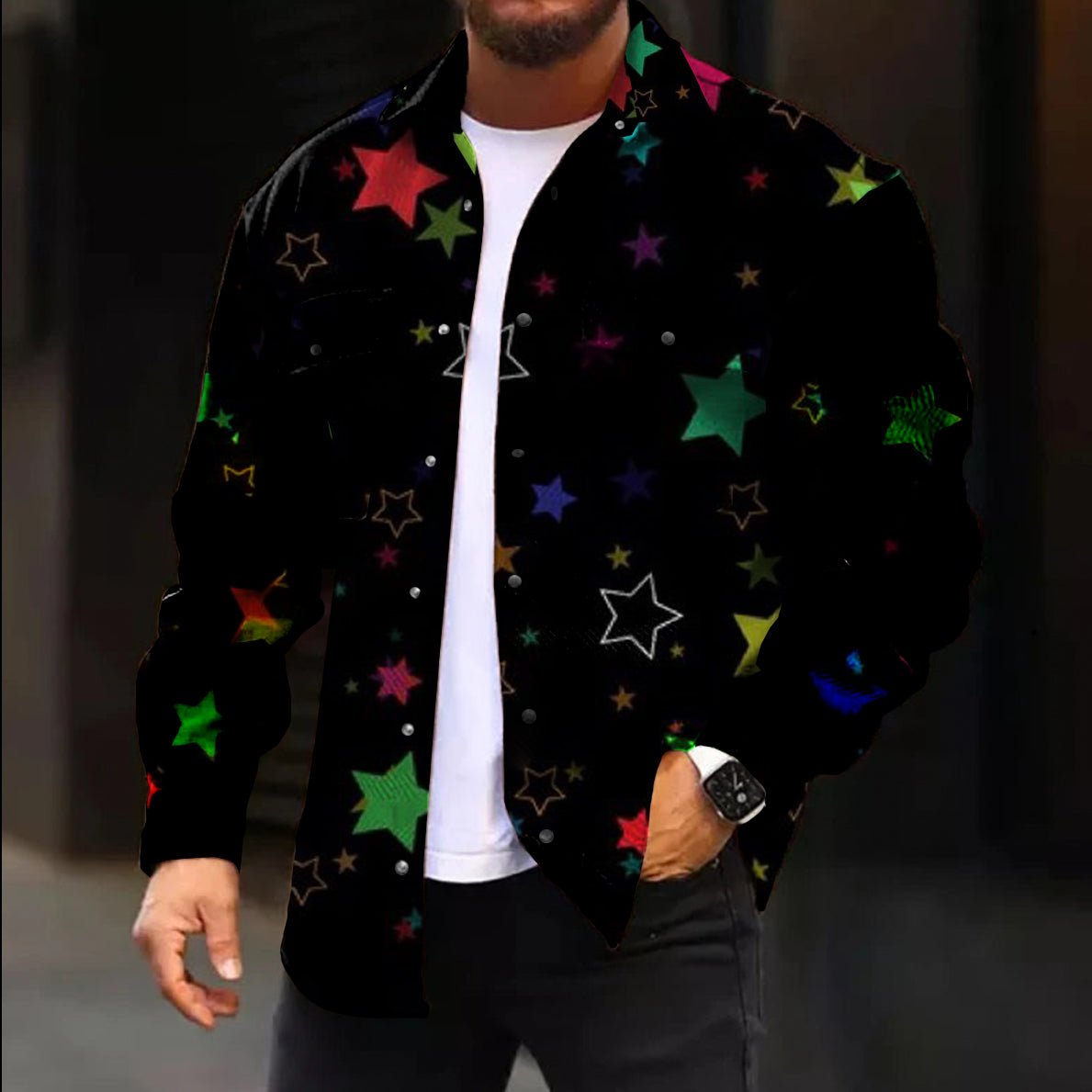 Men's Casual Jacket Fashion Colorful Star Print Long Sleeve Pocket Jacket