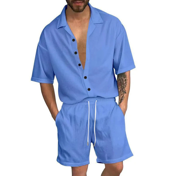 Casual Solid Color Lapel Short Sleeve Shirt Drawstring Shorts Set