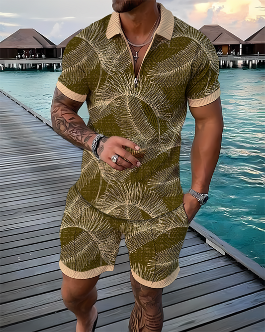 Palm Tree Leaves Polo Shirt And Shorts Co-Ord