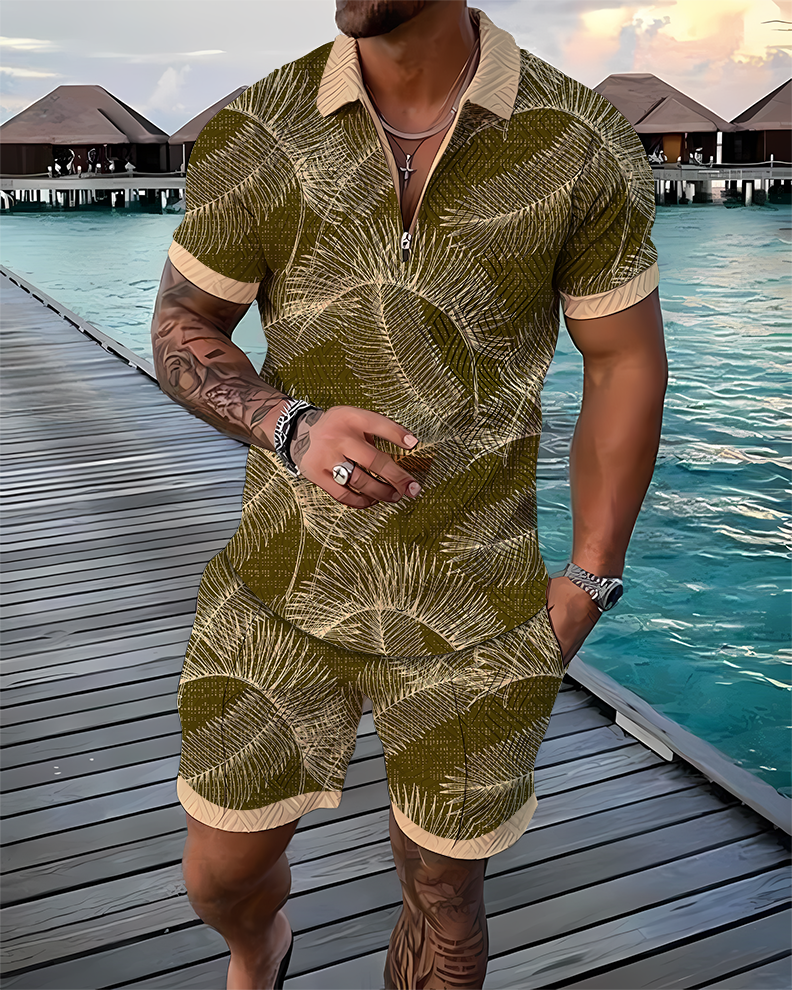 Palm Tree Leaves Polo Shirt And Shorts Co-Ord - DUVAL