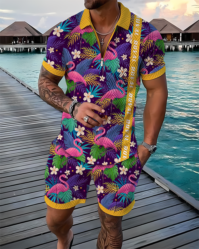 Flamingo Taped Polo Shirt And Shorts Co-Ord - DUVAL