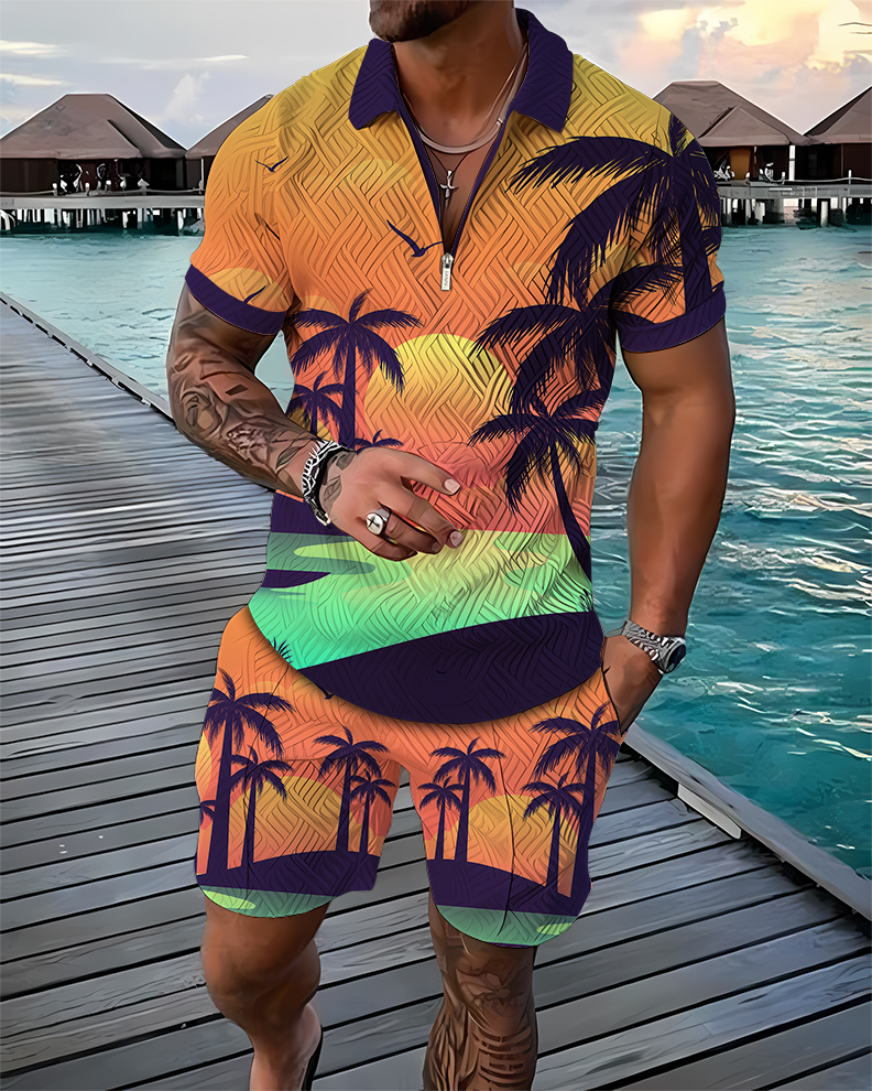 African Palms Polo Shirt And Shorts Co-Ord - DUVAL