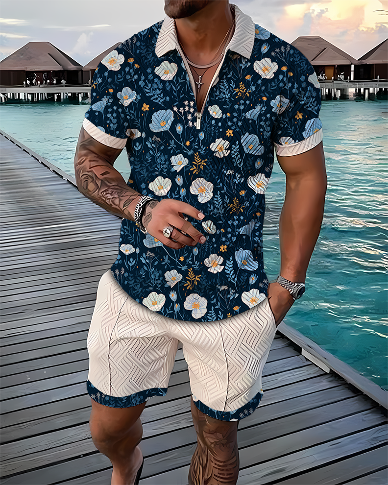 Blue Blossom Polo Shirt And Shorts Co-Ord - DUVAL