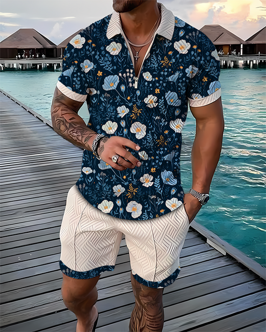 Blue Blossom Polo Shirt And Shorts Co-Ord