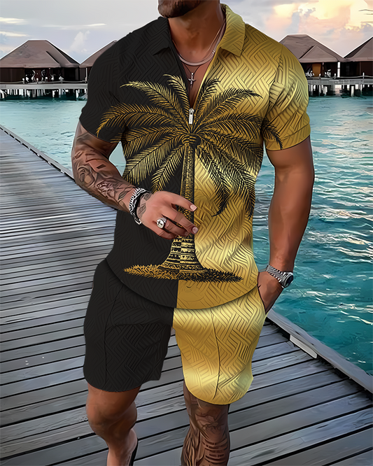 Golden Coconut Tree Polo Shirt And Shorts Co-Ord