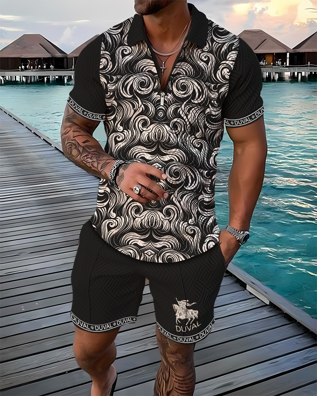 Monochrome Maze Polo Shirt And Shorts Co-Ord - DUVAL