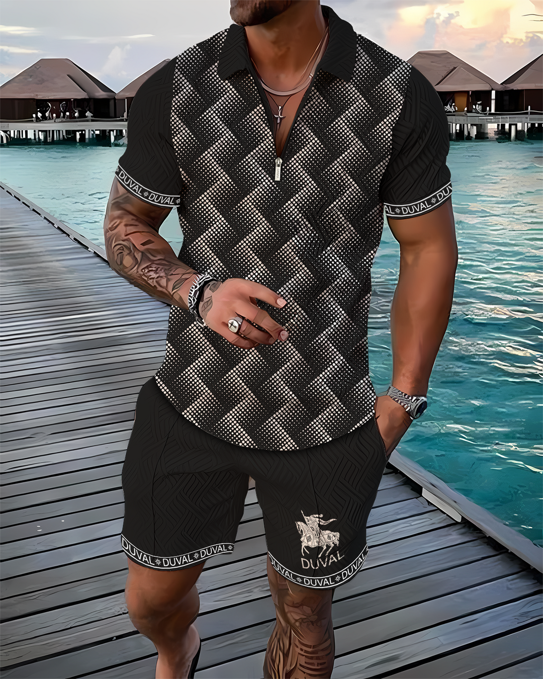 Midnight Marble Polo Shirt And Shorts Co-Ord - DUVAL