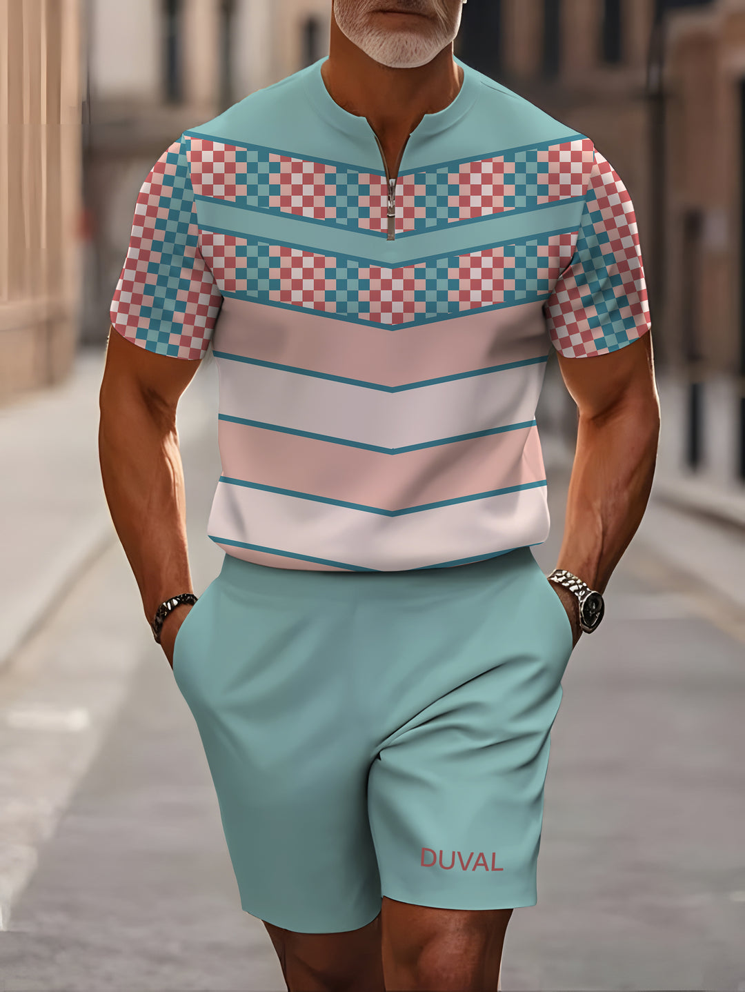 Short Sleeve Zipper Two-piece Set - DUVAL
