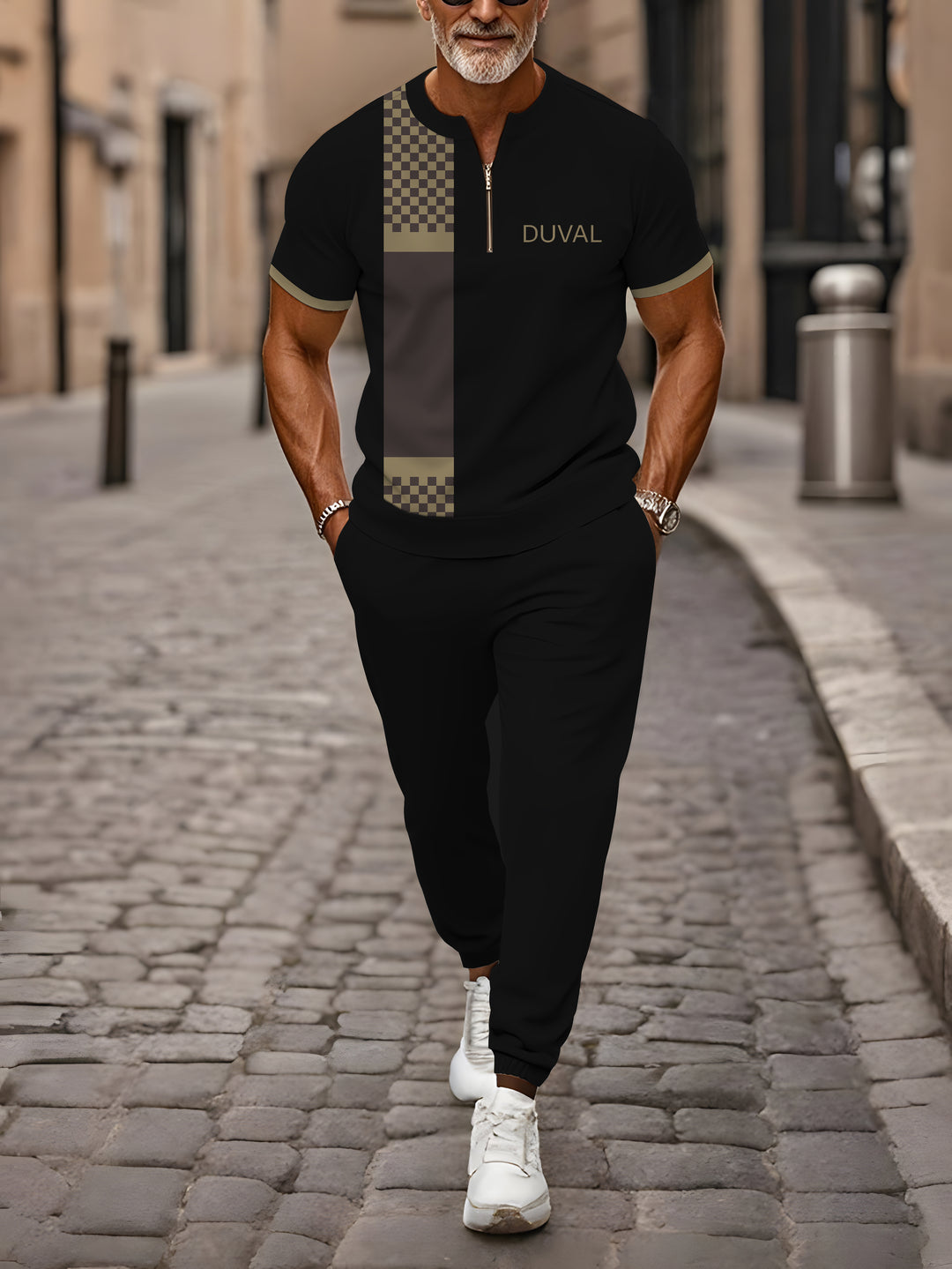 Zipper Short Sleeve Long Pants Two-Piece Set - DUVAL