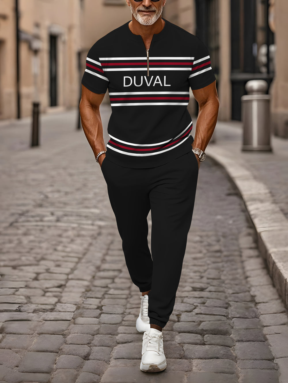 Zipper Short Sleeve Long Pants Two-Piece Set - DUVAL