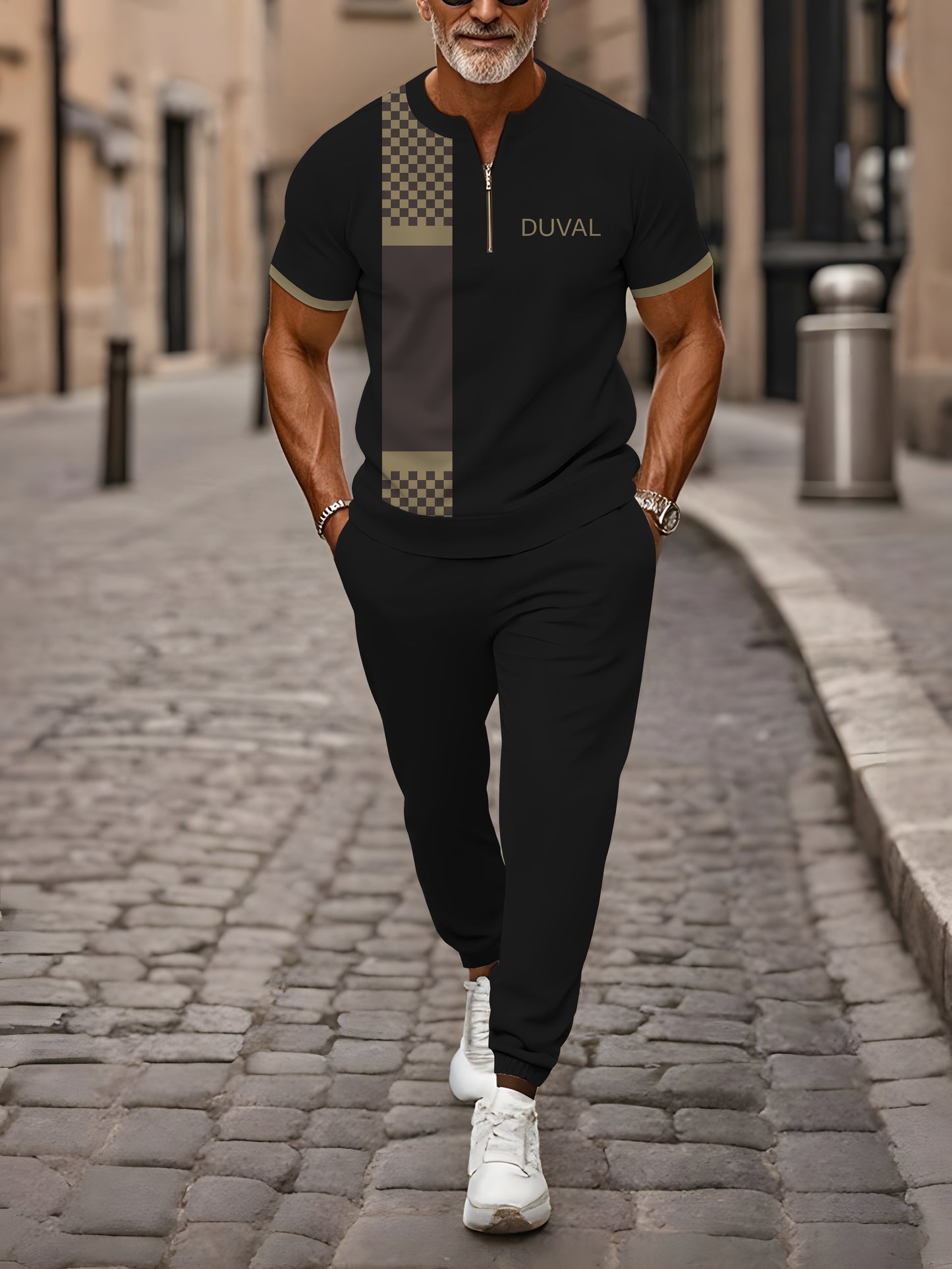 Zipper Short Sleeve Long Pants Two-Piece Set