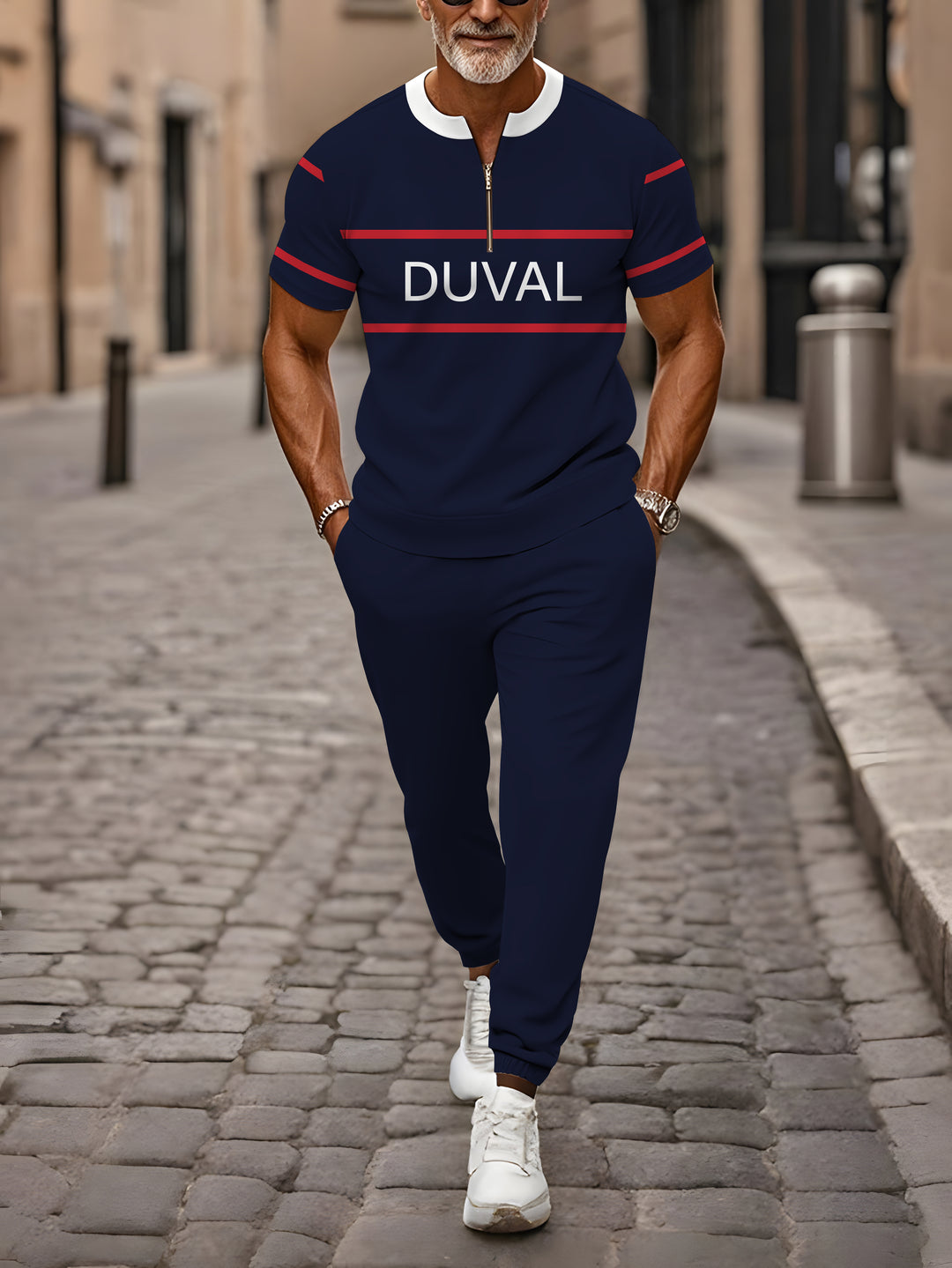 Zipper Short Sleeve Long Pants Two-Piece Set - DUVAL