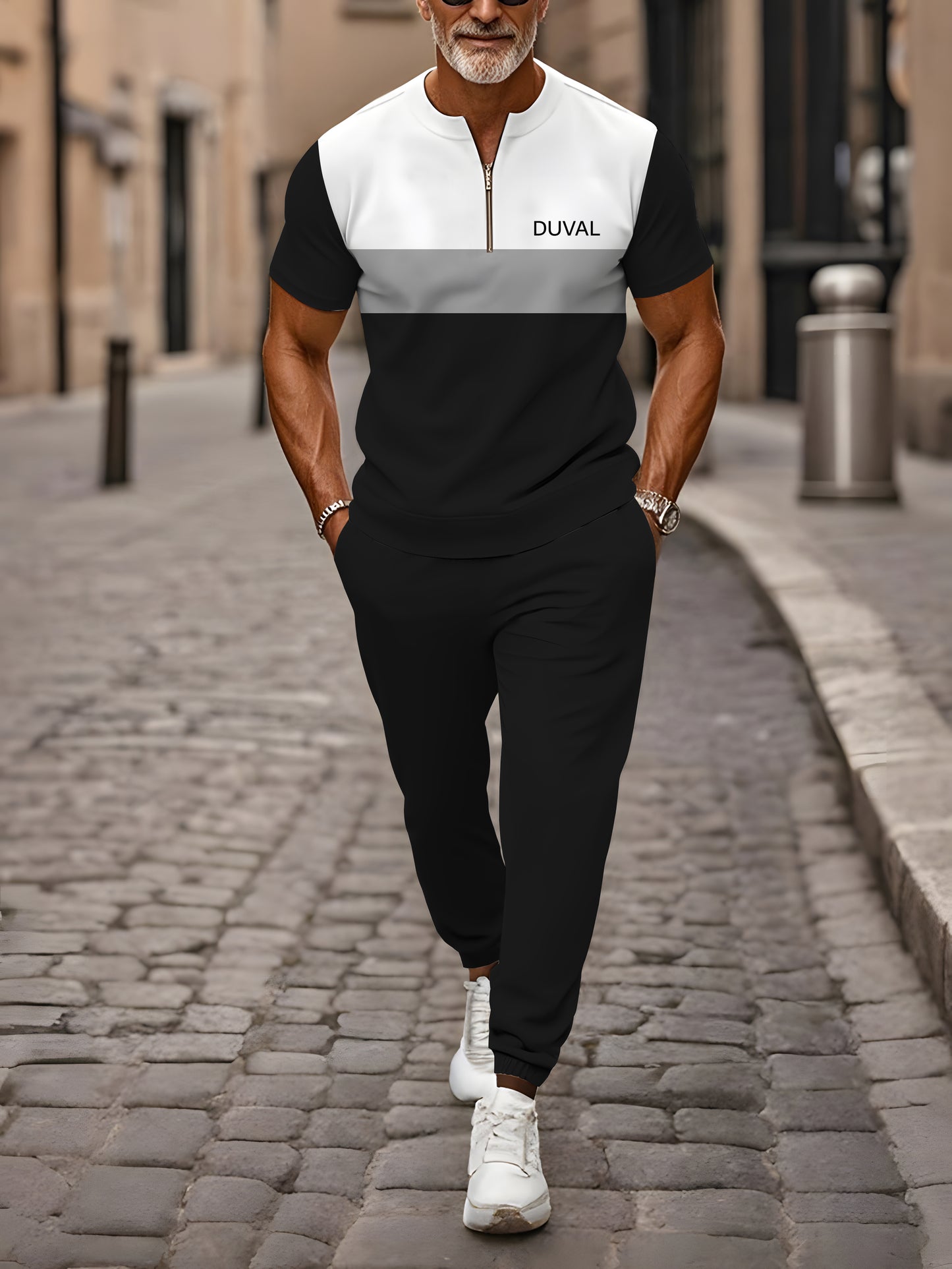 Zipper Short Sleeve Long Pants Two-Piece Set