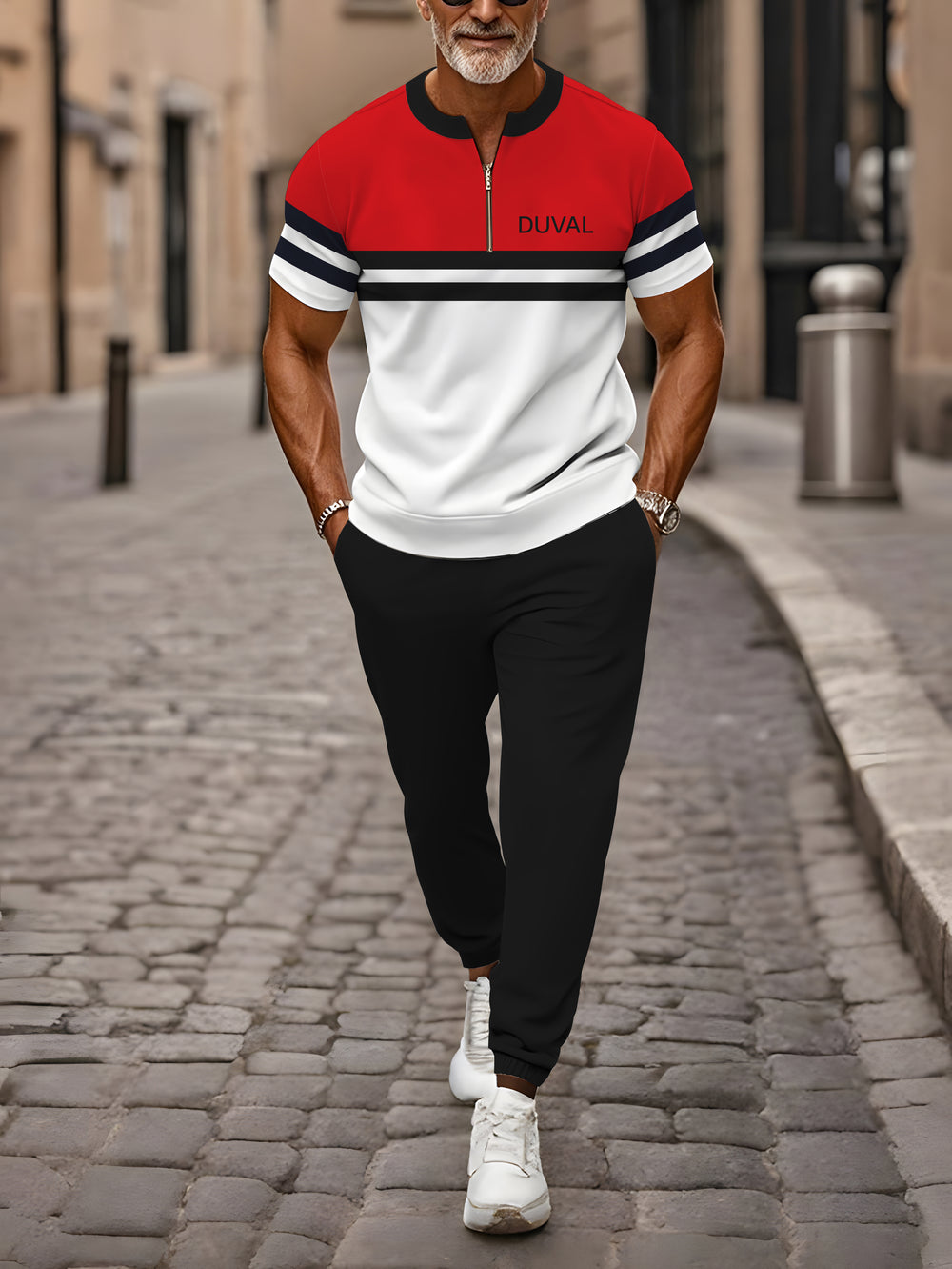 Zipper Short Sleeve Long Pants Two-Piece Set - DUVAL
