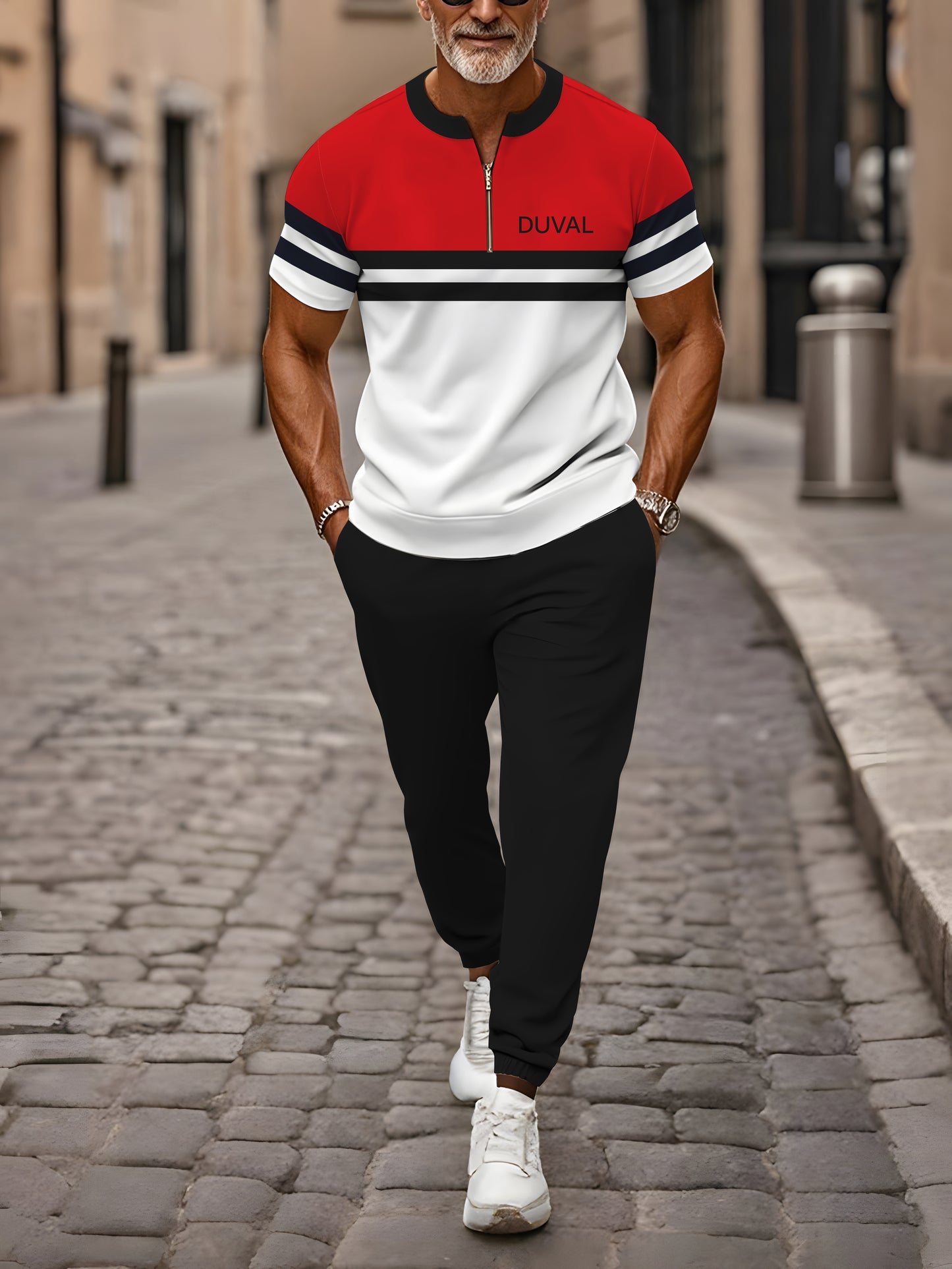 Zipper Short Sleeve Long Pants Two-Piece Set