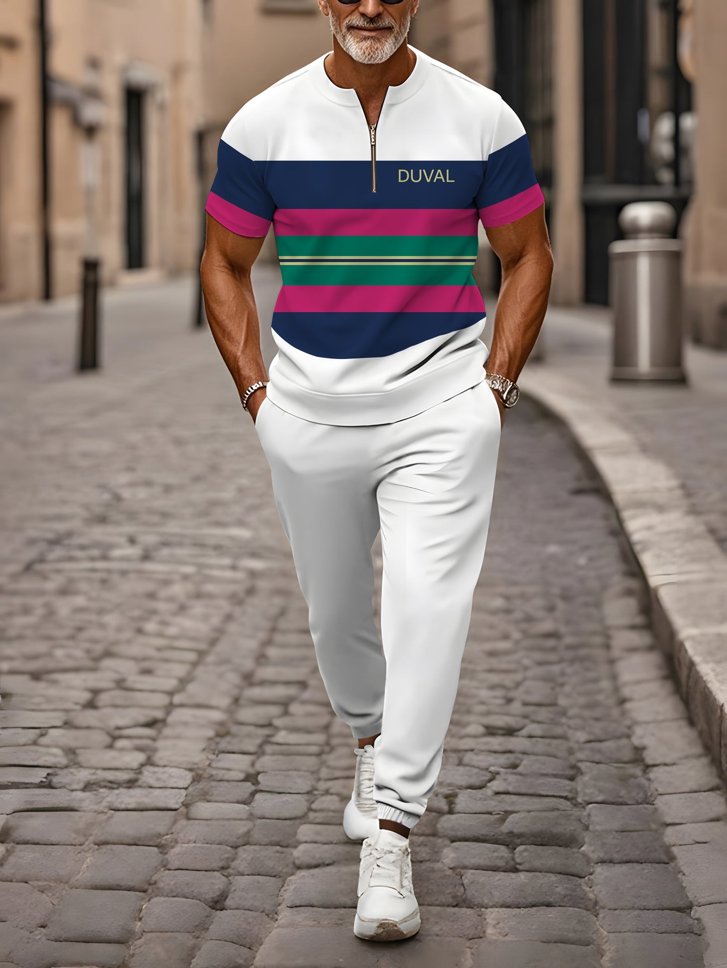 Zipper Short Sleeve Long Pants Two-Piece Set